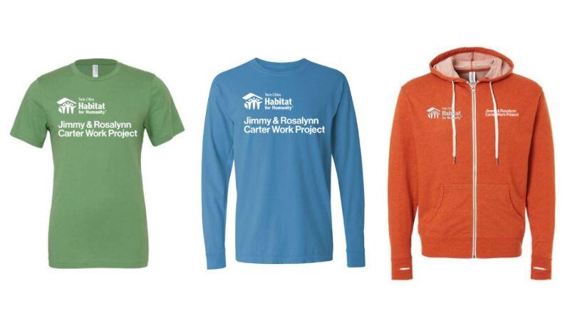 Graphic showing three shirts with the Carter Work Project logo.