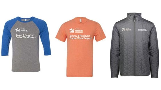 A gray and blue raglan shirt, an orange heathered t-shirt, and a gray winter jacket, all with the Habitat and Carter Work Project logos.