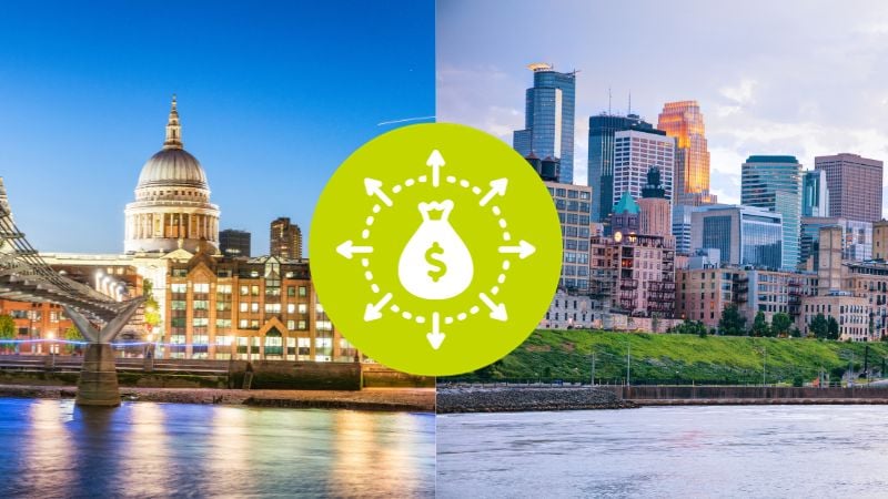 Image of Minneapolis and St. Paul with money graphic overlay.