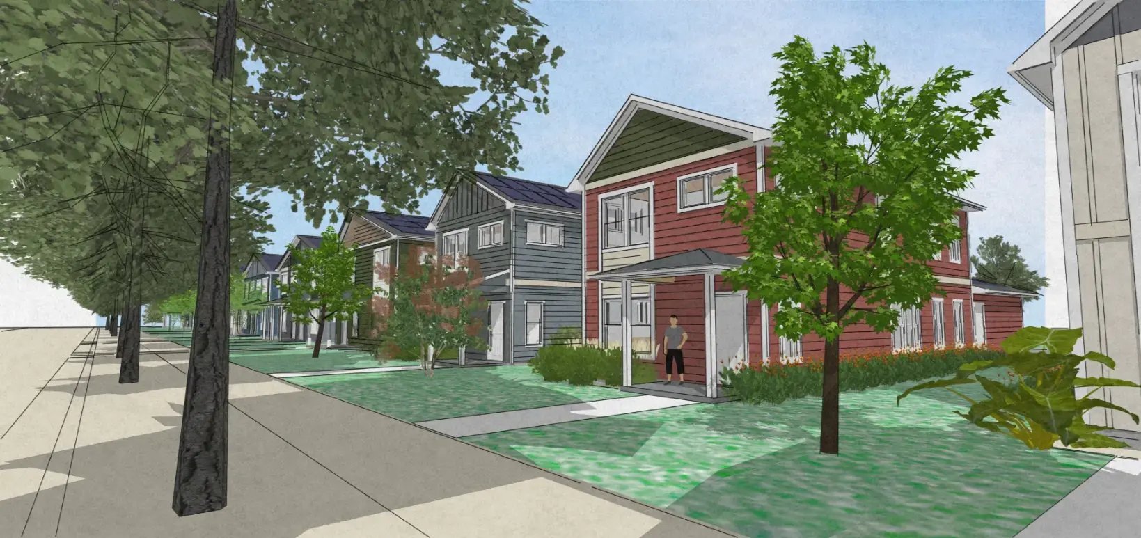 Rendering of several single-family home on a city street.