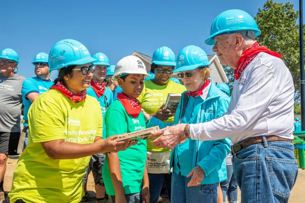 Jimmy and Rosalynn Carter meet with volunteers at the 2018 Carter Work Project.