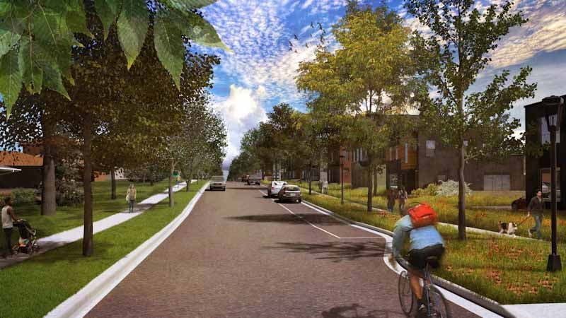 A rendering of a community street at The Heights development.